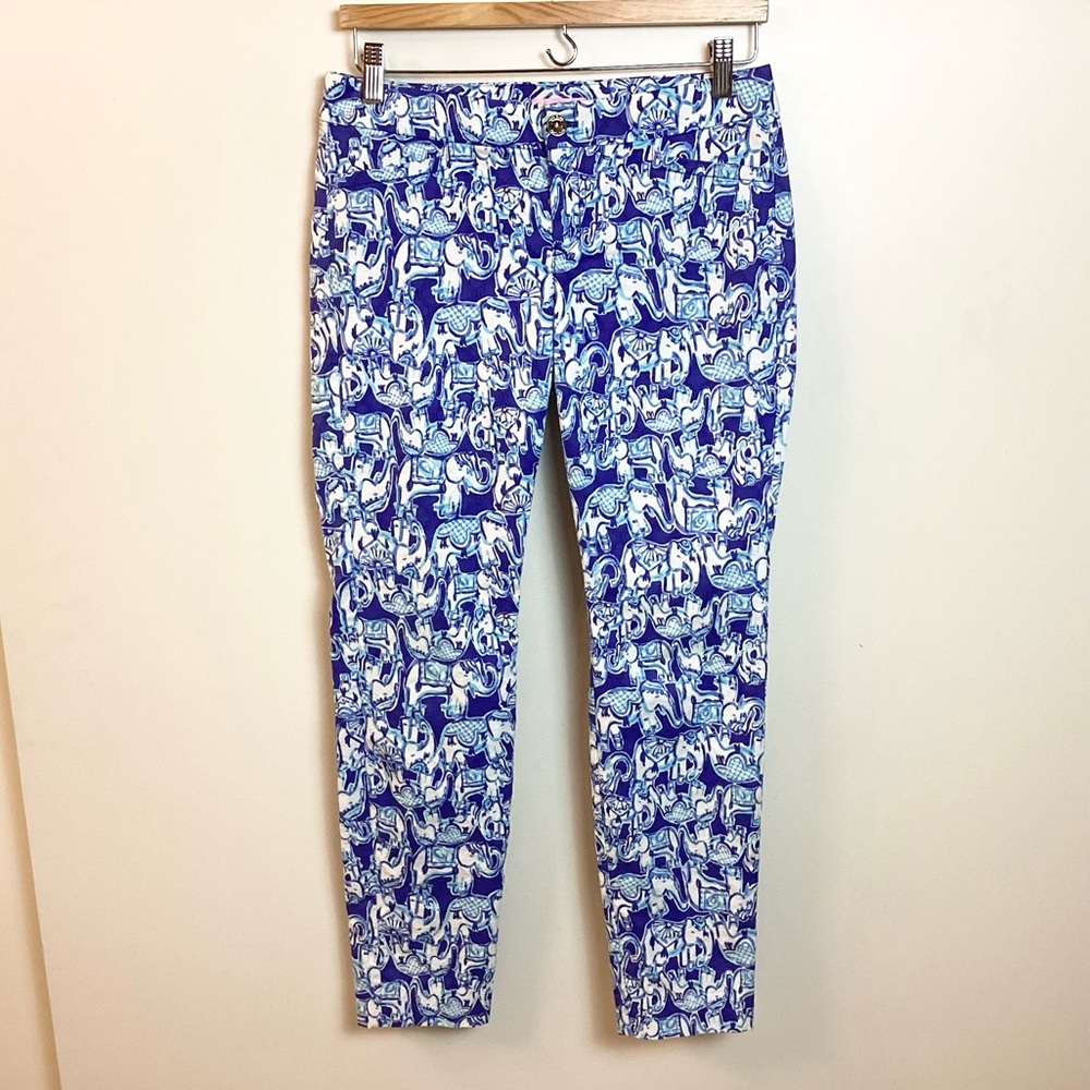 Lilly Pulitzer Get Trunky Elephant Print Kelly Ankle Pants - Blue/White - 4